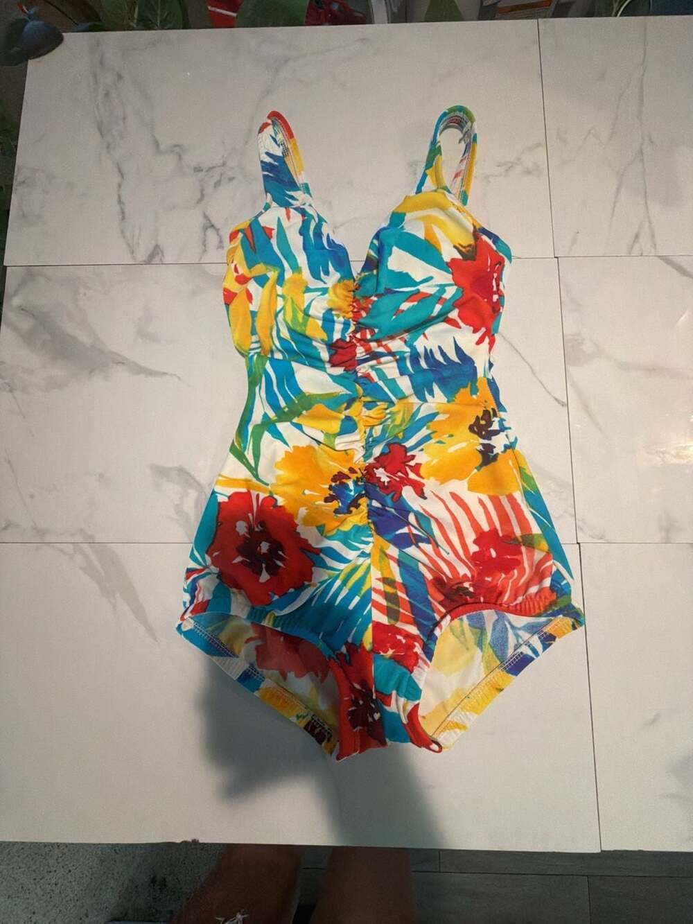 Denim & Co. Women's Floral Print Ruched One-Piece Swimsuit Size 12